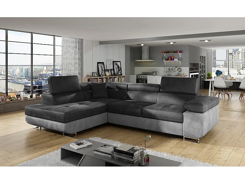 Canapé d'angle convertible velours MARKA - Coffre et appuis-tête réglables-Gris/Gris foncé-angle gauche