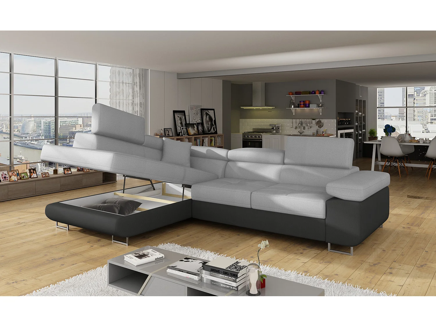 Canapé d'angle convertible velours avec têtières relevables - Collection Marka-Couleur Noir/Gris clair-angle gauche