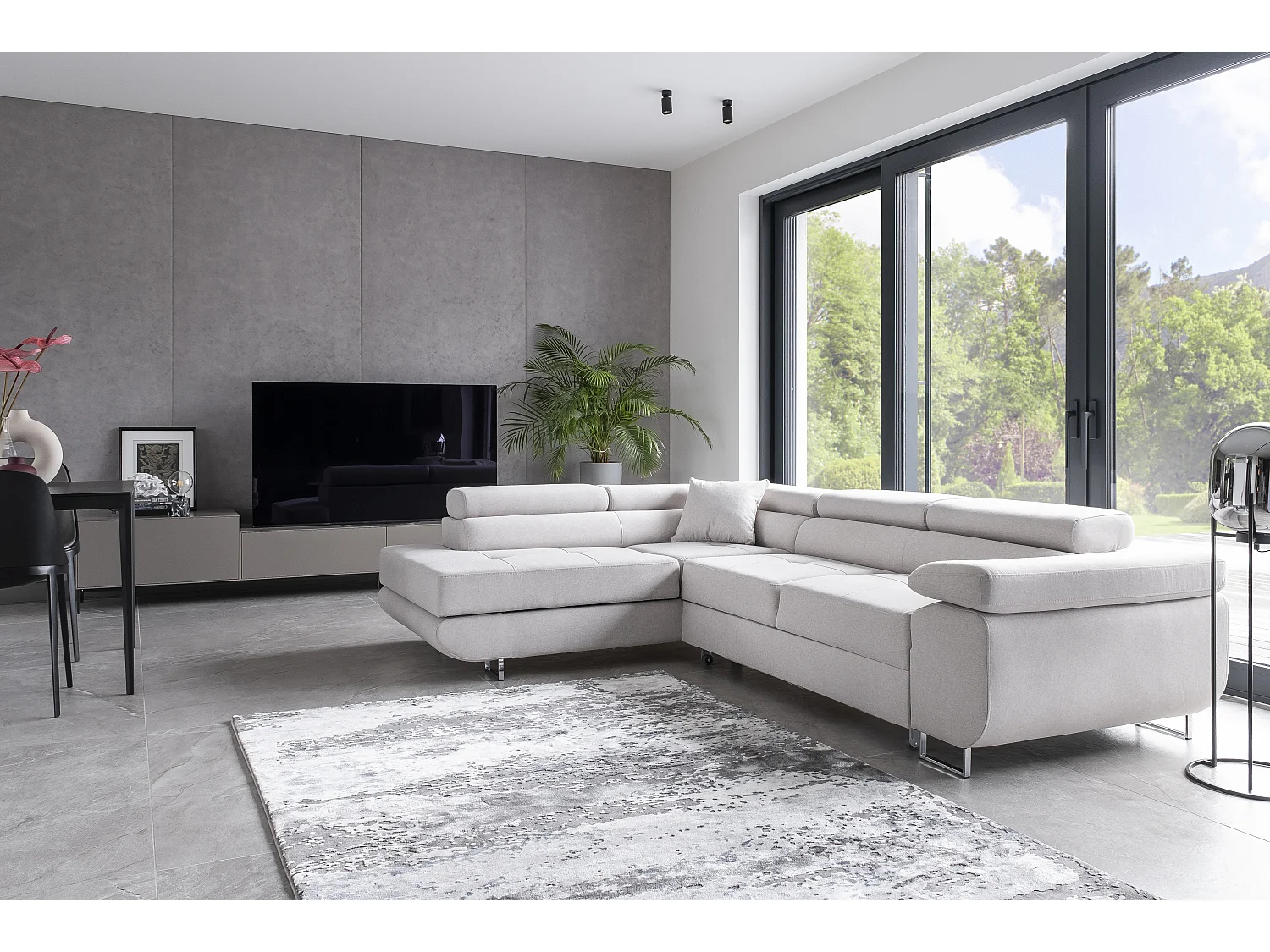 Canapé d'angle gauche convertible tissu beige Ane 275cm