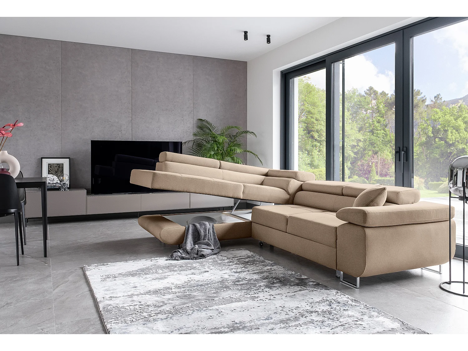 Canapé d'angle convertible tissu MARKA - Coffre et appuis-tête réglables-Beige-angle gauche