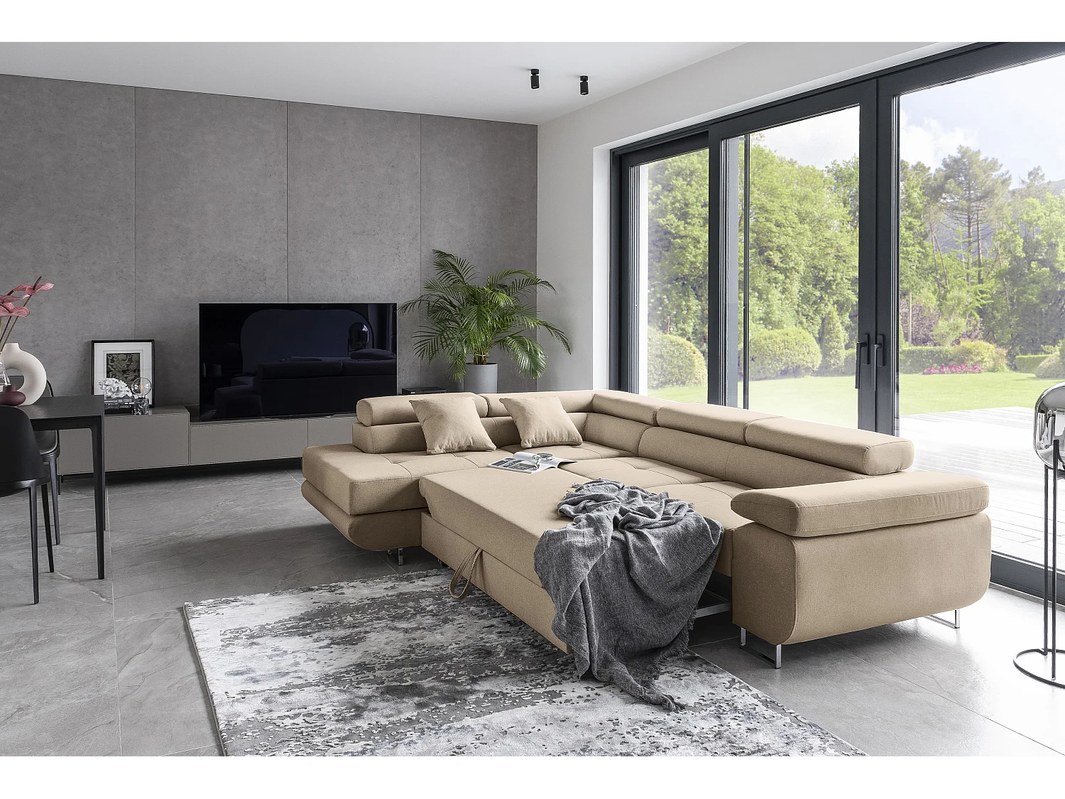 Canapé d'angle convertible tissu MARKA - Coffre et appuis-tête réglables-Beige-angle gauche