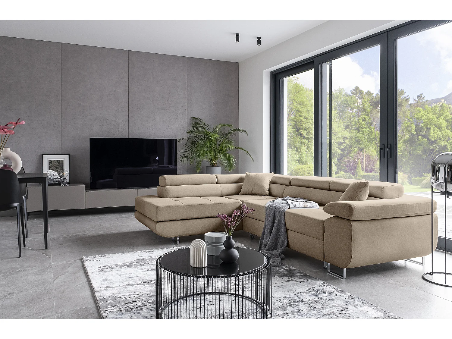 Canapé d'angle convertible tissu MARKA - Coffre et appuis-tête réglables-Beige-angle gauche