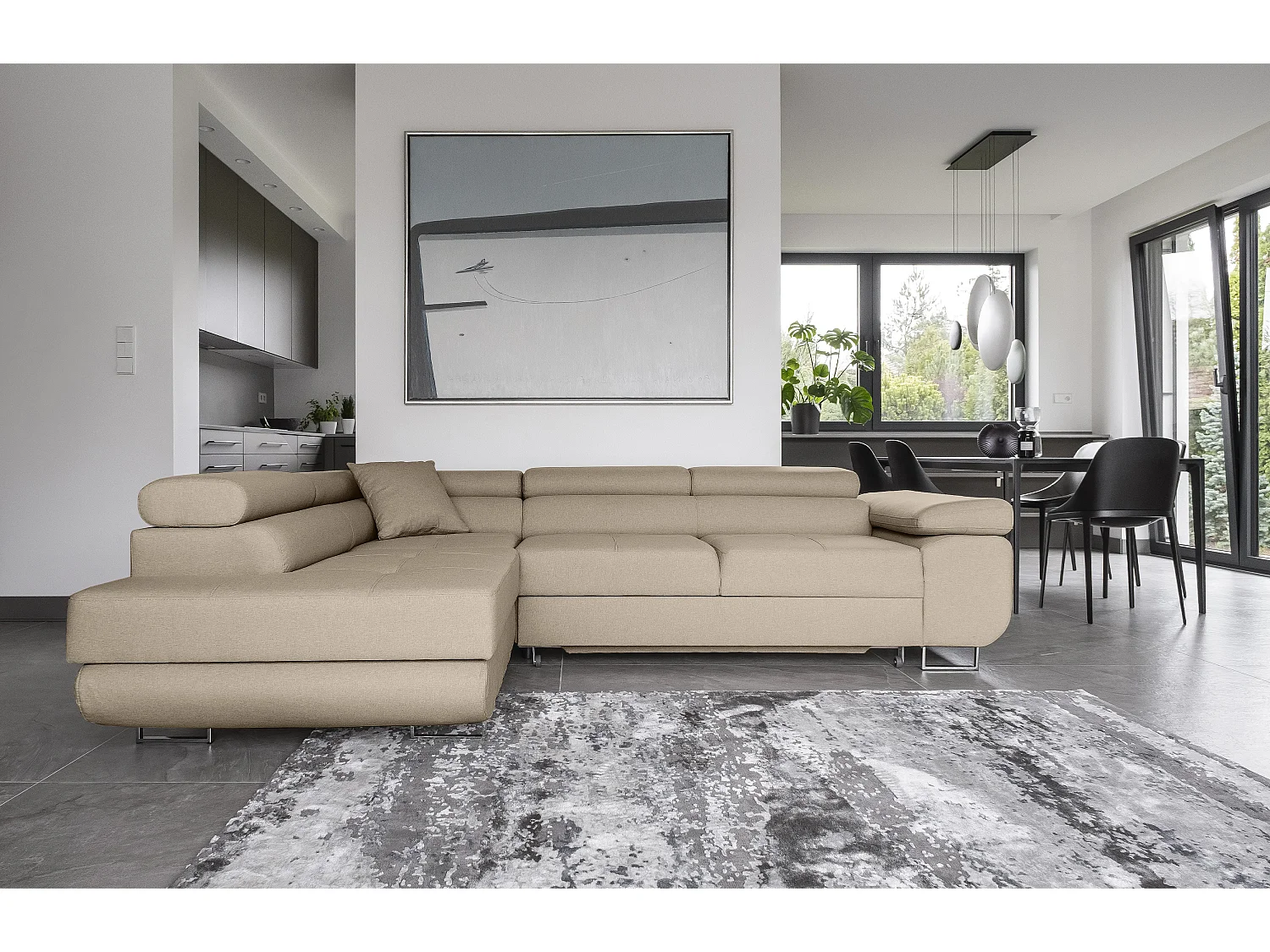 Canapé d'angle convertible tissu MARKA - Coffre et appuis-tête réglables-Beige-angle gauche