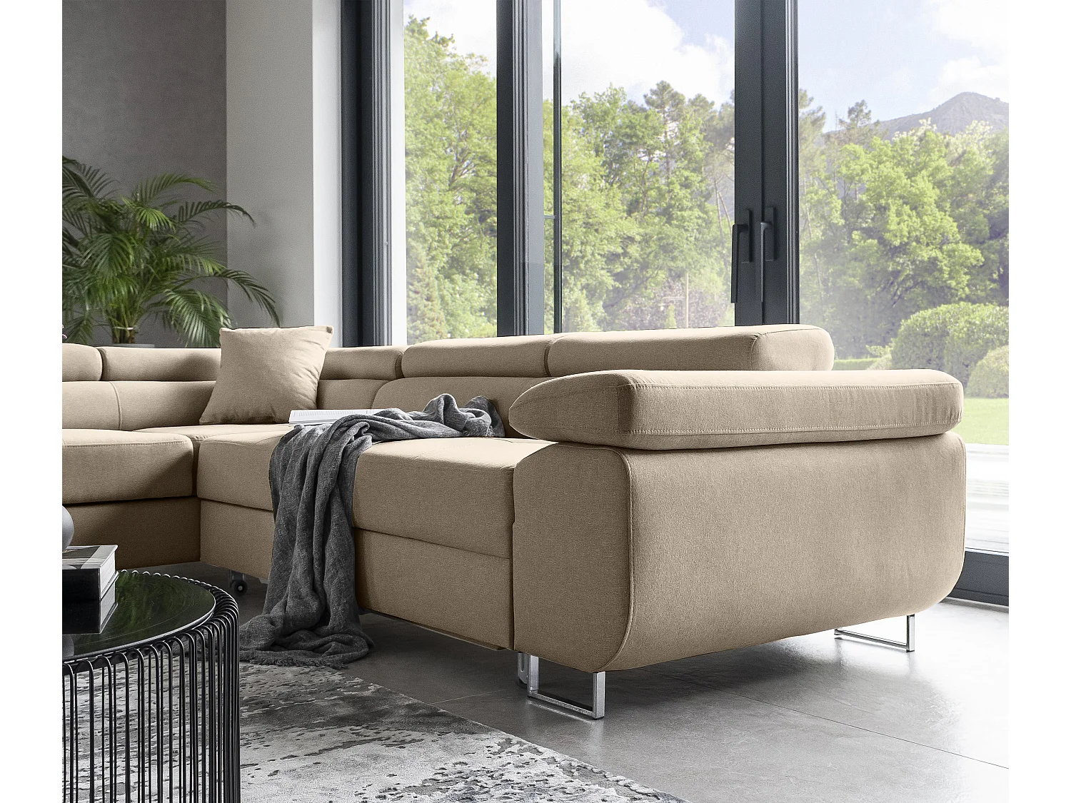 Canapé d'angle convertible tissu MARKA - Coffre et appuis-tête réglables-Beige-angle gauche