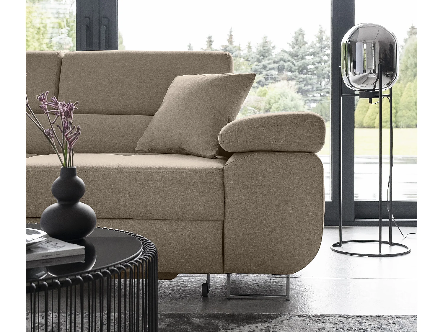 Canapé d'angle convertible tissu MARKA - Coffre et appuis-tête réglables-Beige-angle gauche