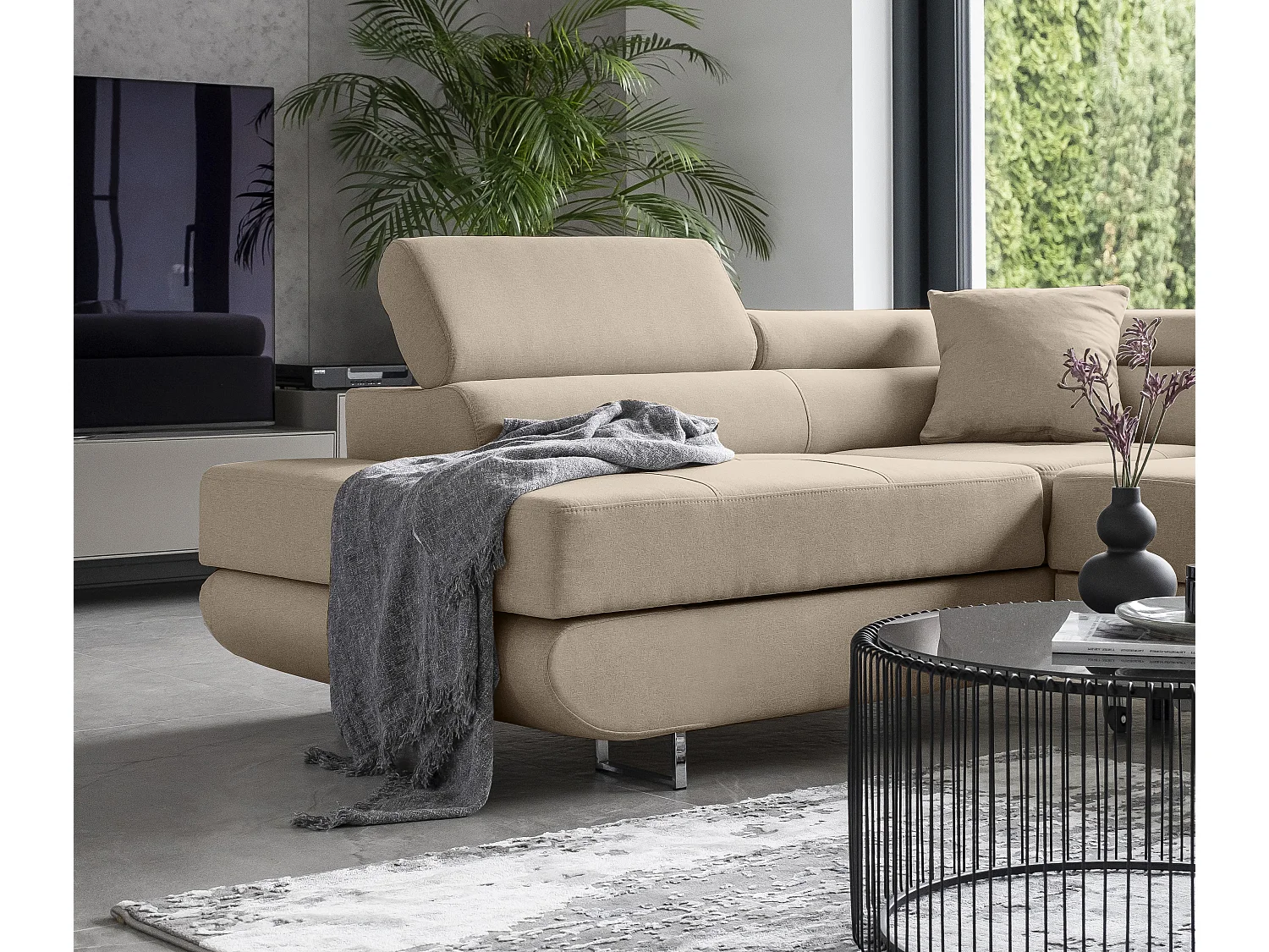 Canapé d'angle convertible tissu MARKA - Coffre et appuis-tête réglables-Beige-angle gauche