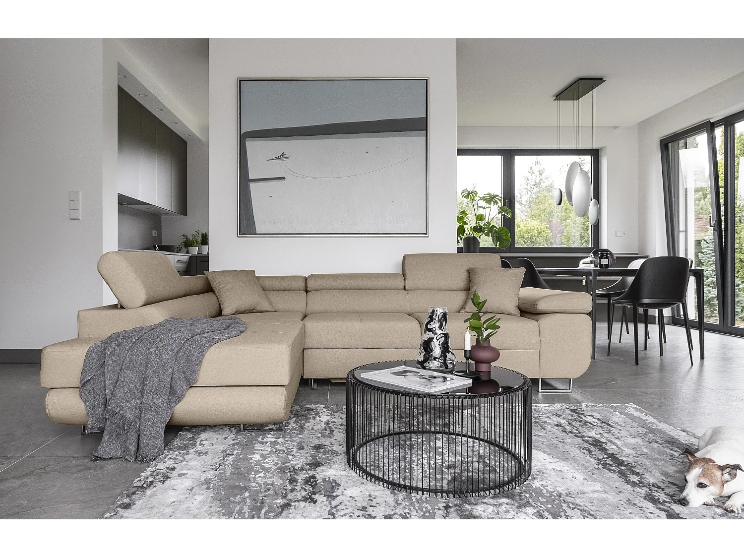 Canapé d'angle convertible tissu MARKA - Coffre et appuis-tête réglables-Beige-angle gauche