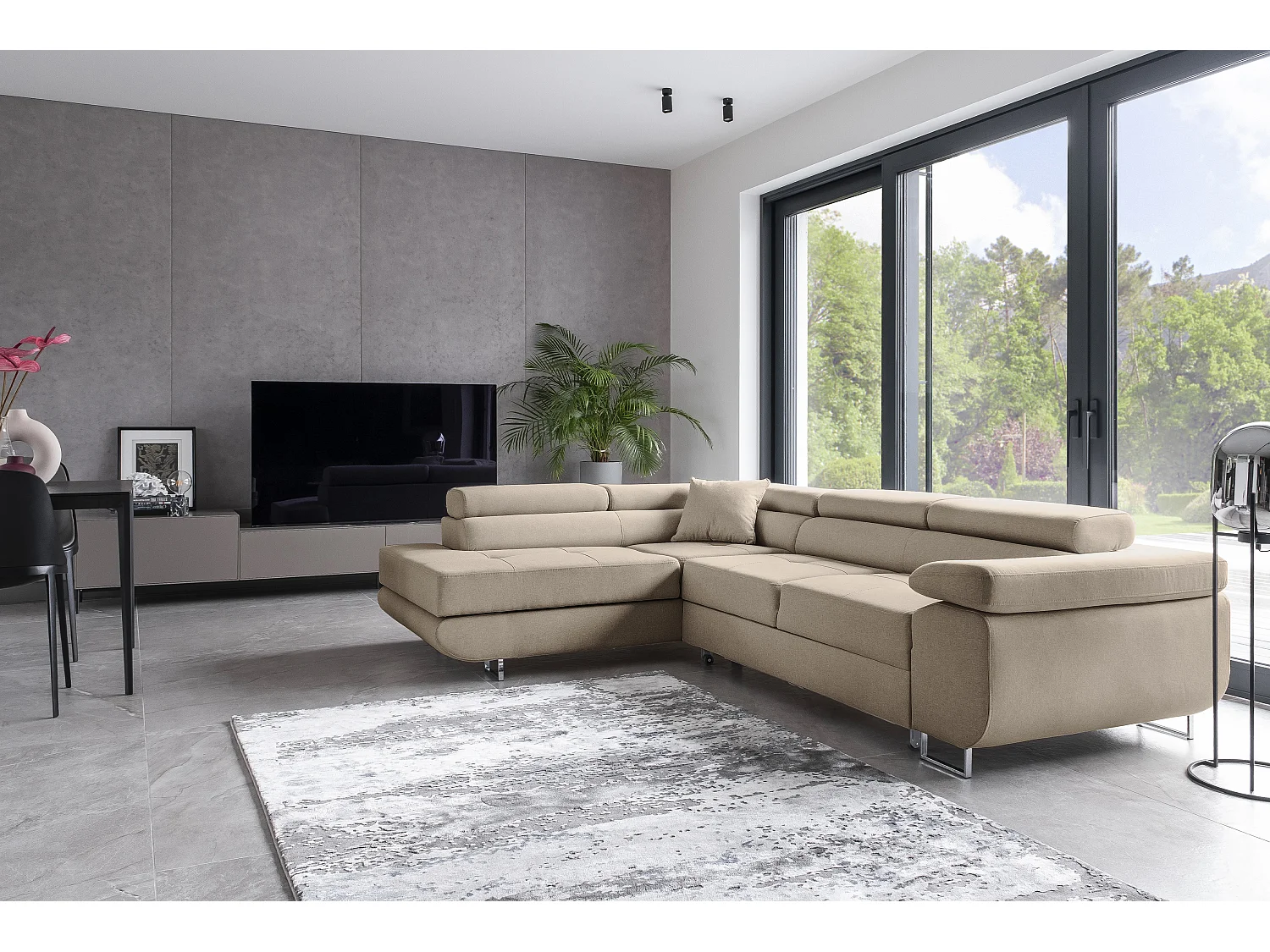 Canapé d'angle convertible tissu MARKA - Coffre et appuis-tête réglables-Beige-angle gauche