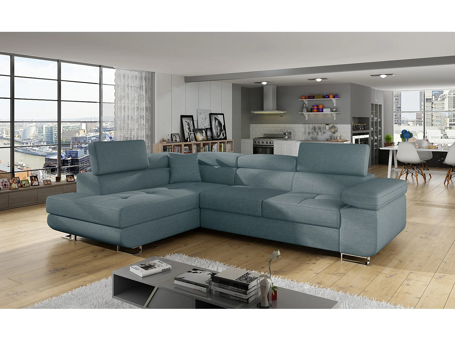 Canapé d'angle gauche convertible tissu vert clair Marka 275cm