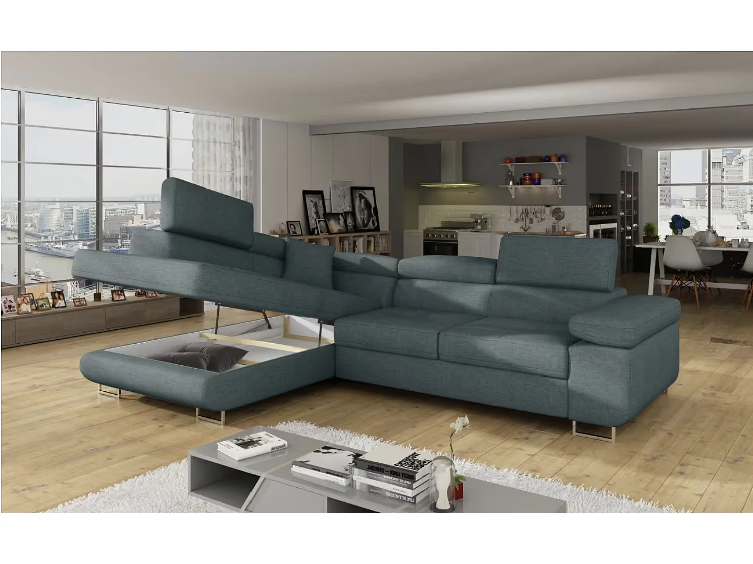 Canapé d'angle convertible tissu MARKA - Coffre et appuis-tête réglables-Vert céladon-angle gauche