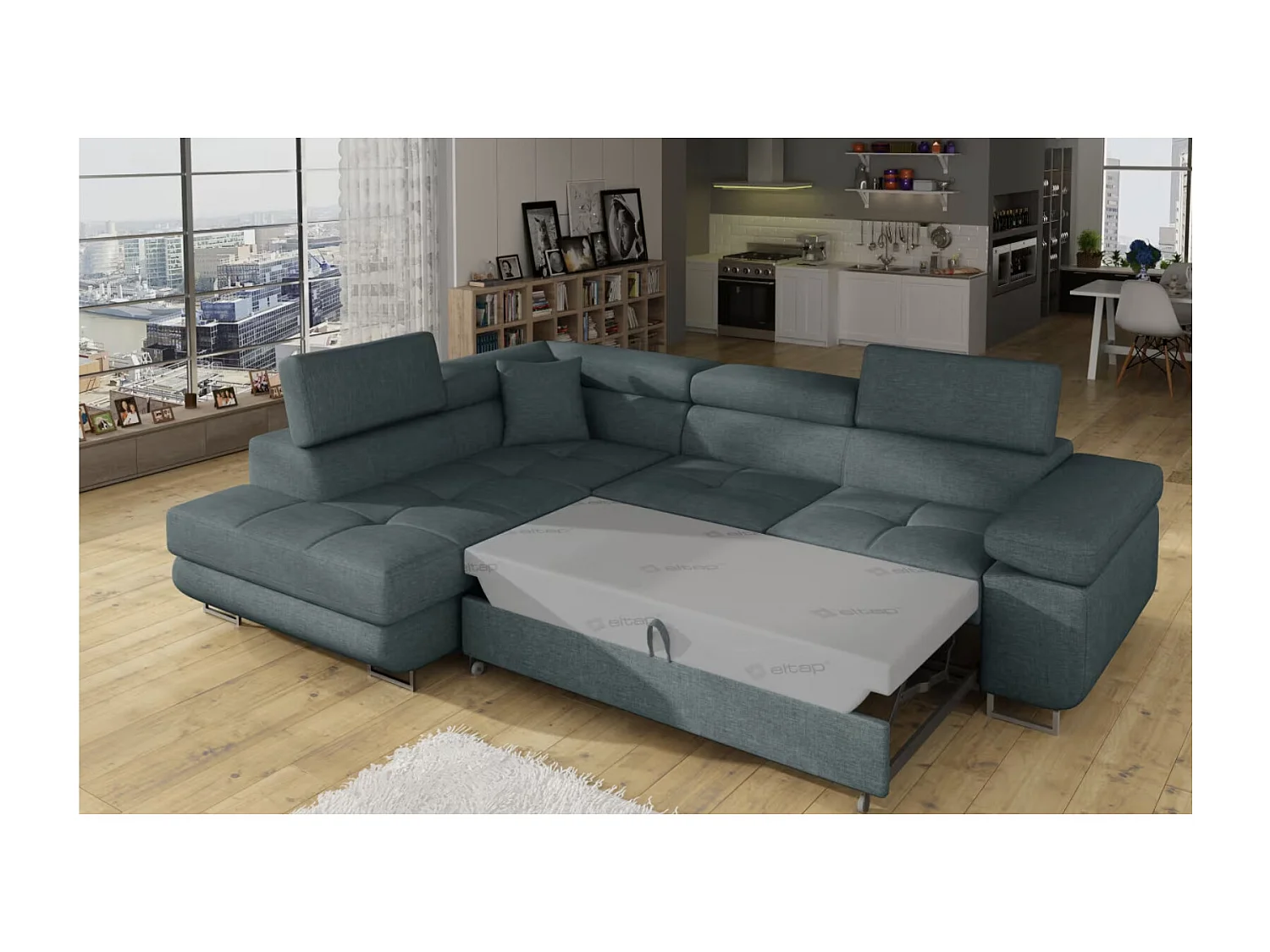 Canapé d'angle convertible tissu MARKA - Coffre et appuis-tête réglables-Vert céladon-angle gauche