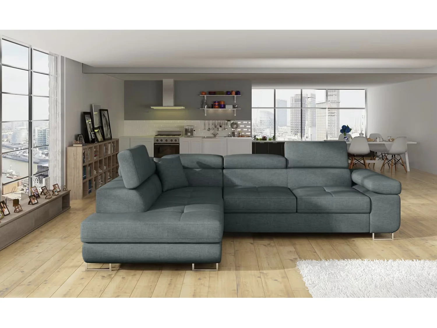 Canapé d'angle convertible tissu MARKA - Coffre et appuis-tête réglables-Vert céladon-angle gauche