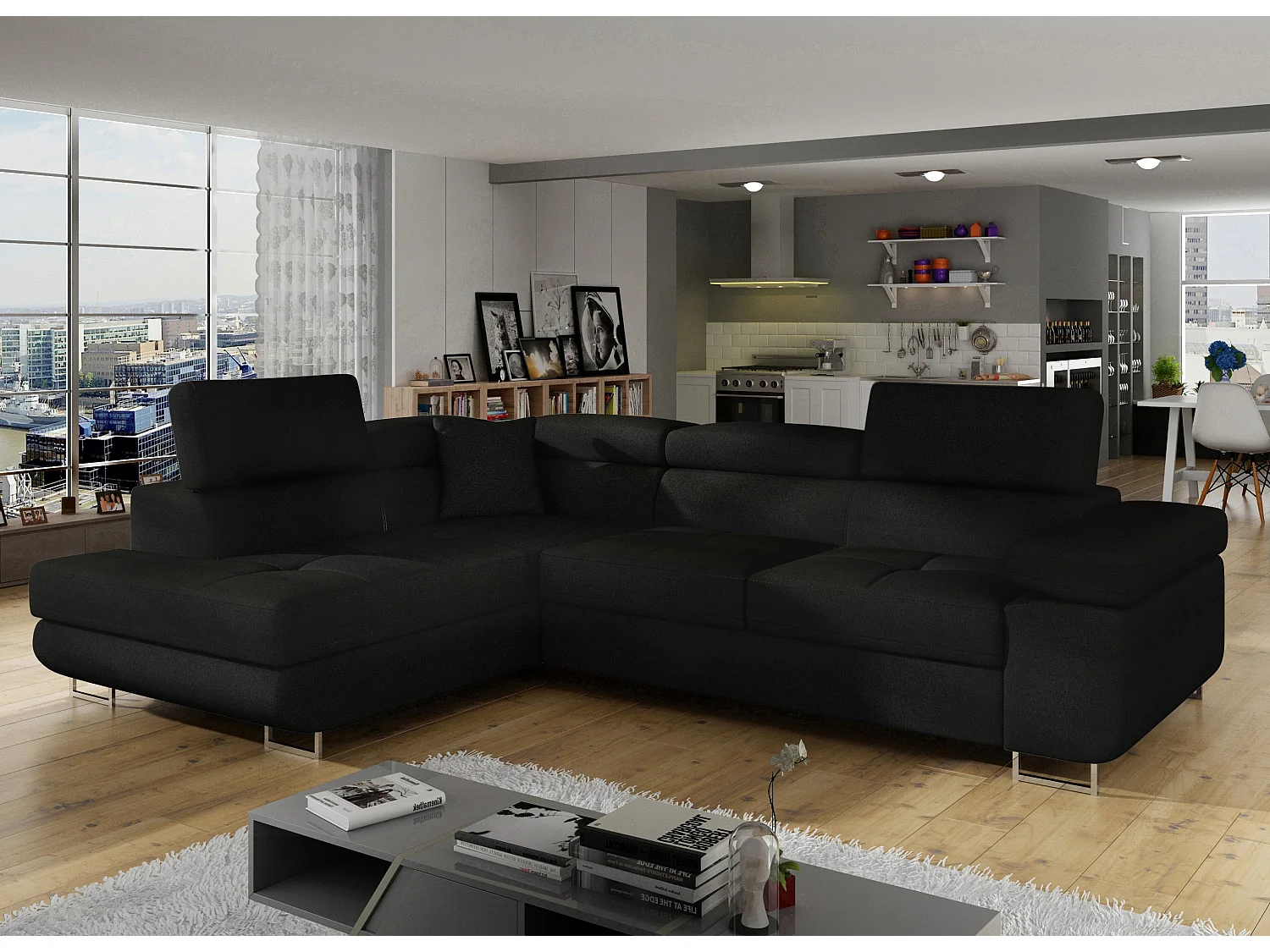 Canapé d'angle convertible tissu MARKA - Coffre et appuis-tête réglables-Vert céladon-angle gauche