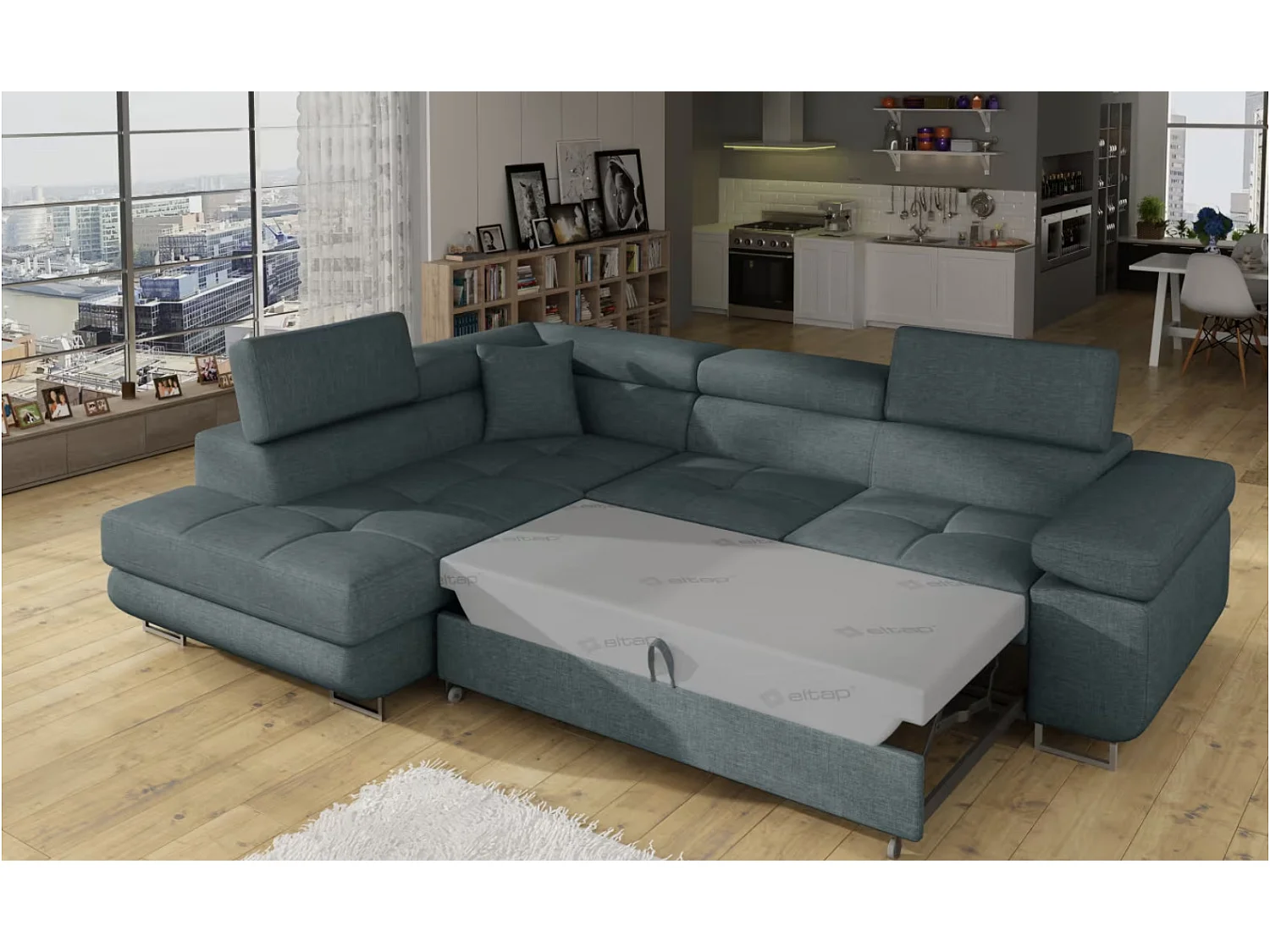 Canapé d'angle convertible tissu MARKA - Coffre et appuis-tête réglables-Vert céladon-angle gauche