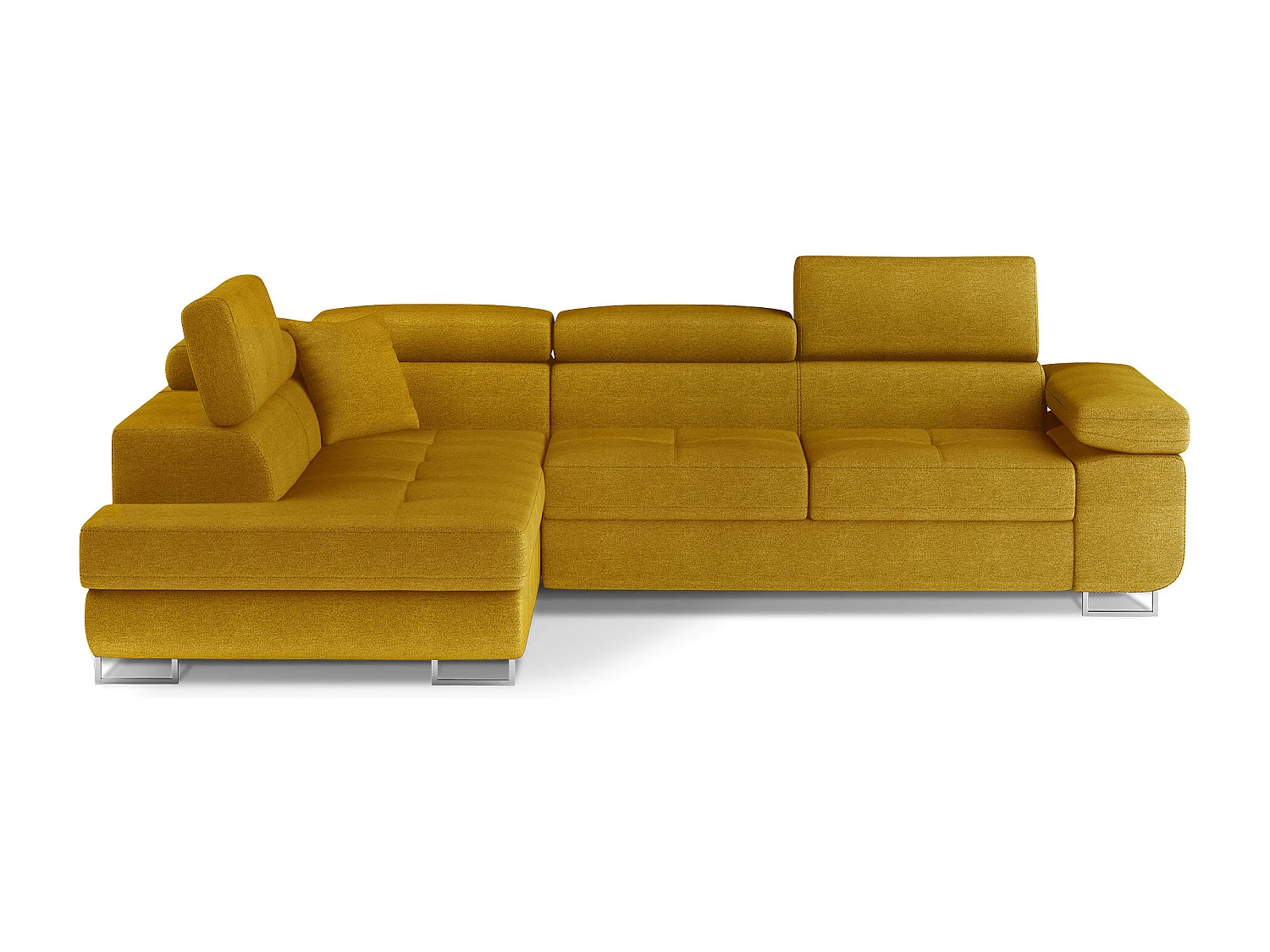 Canapé d'angle convertible velours MARKA - Coffre et appuis-tête réglables-Jaune moutarde-angle gauche