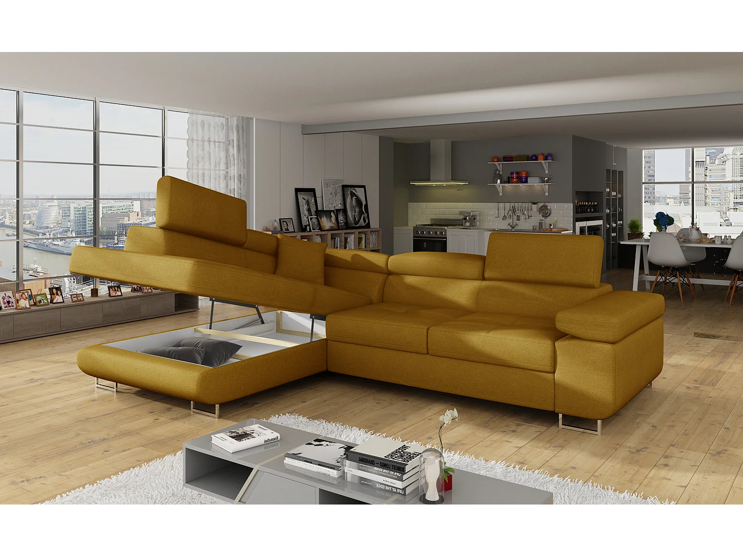 Canapé d'angle convertible velours MARKA - Coffre et appuis-tête réglables-Jaune moutarde-angle gauche