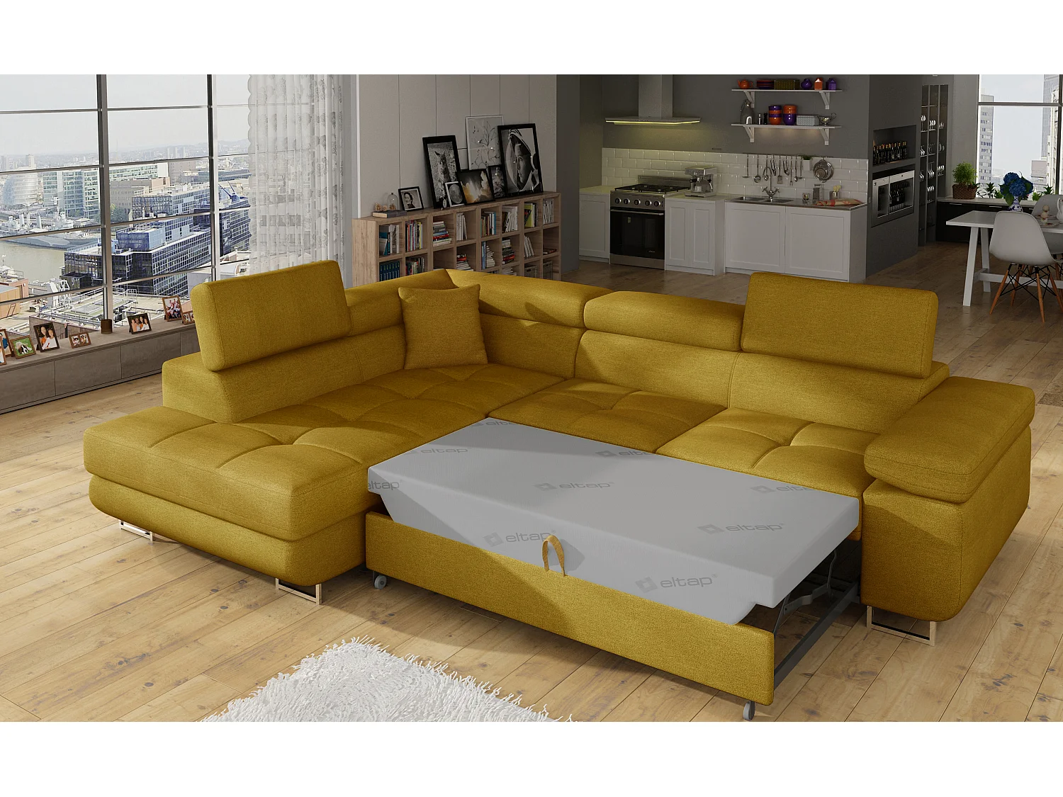 Canapé d'angle convertible velours MARKA - Coffre et appuis-tête réglables-Jaune moutarde-angle gauche