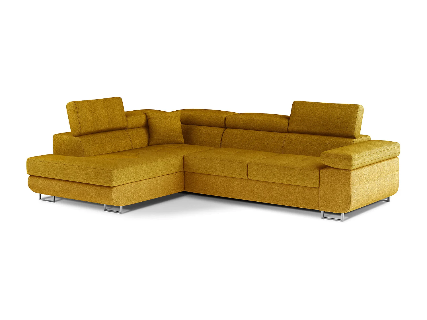 Canapé d'angle convertible velours MARKA - Coffre et appuis-tête réglables-Jaune moutarde-angle gauche