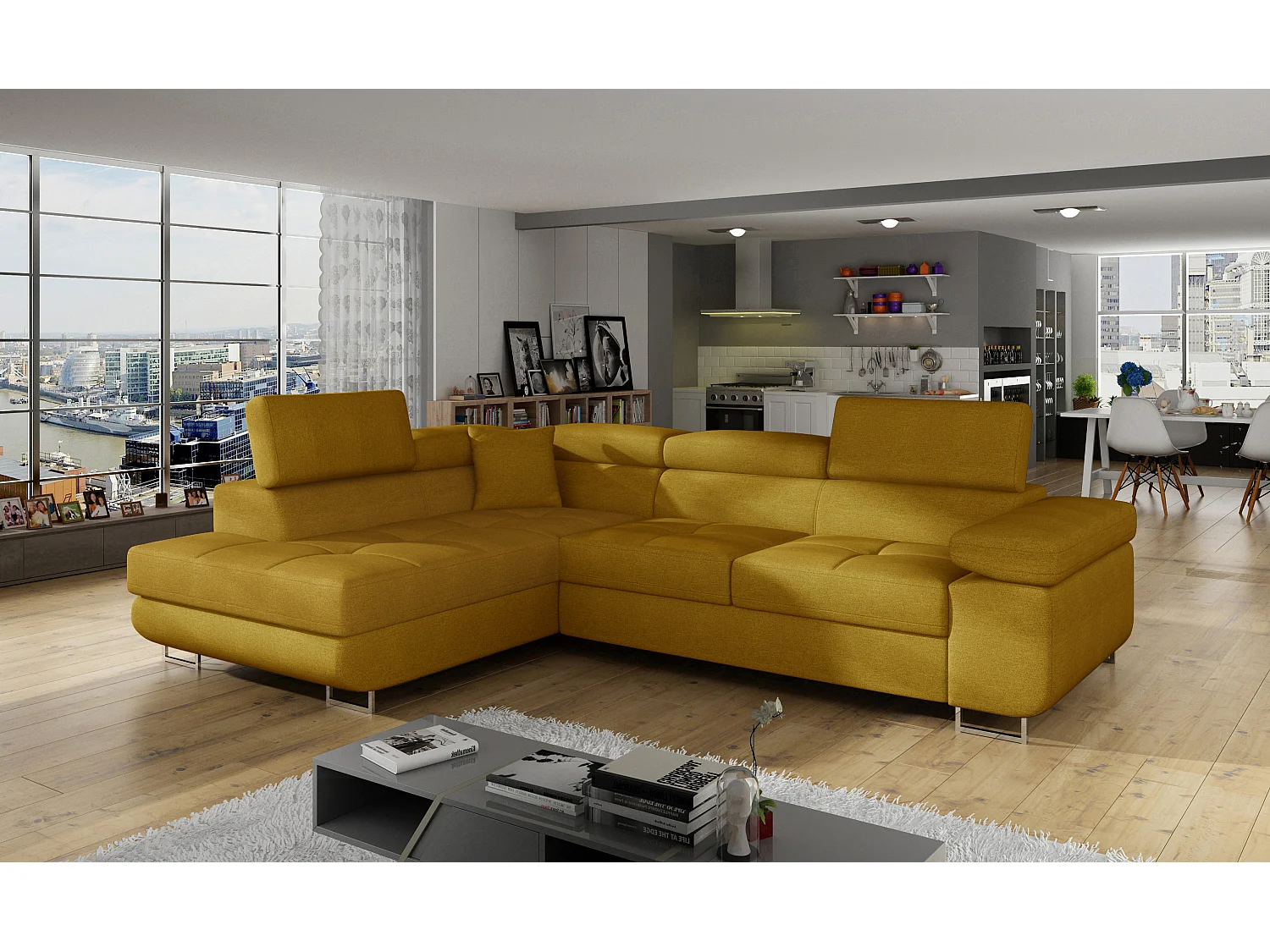 Canapé d'angle convertible velours MARKA - Coffre et appuis-tête réglables-Jaune moutarde-angle gauche