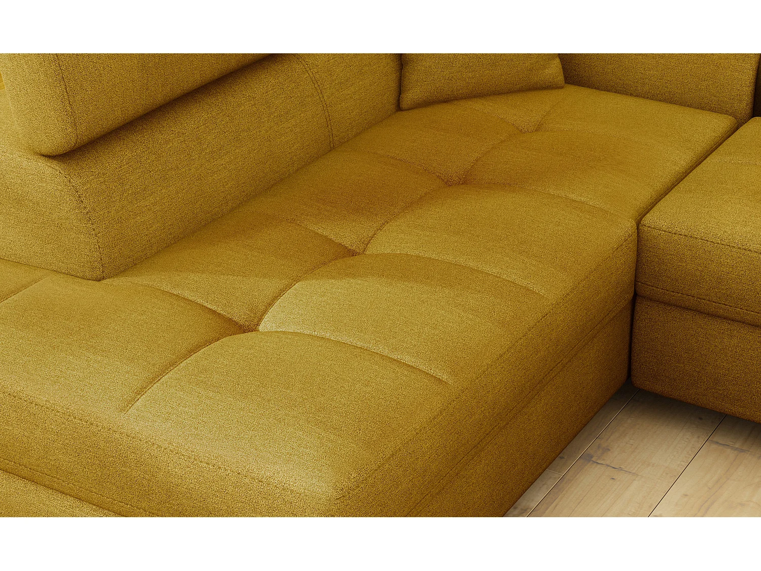 Canapé d'angle convertible velours MARKA - Coffre et appuis-tête réglables-Jaune moutarde-angle gauche