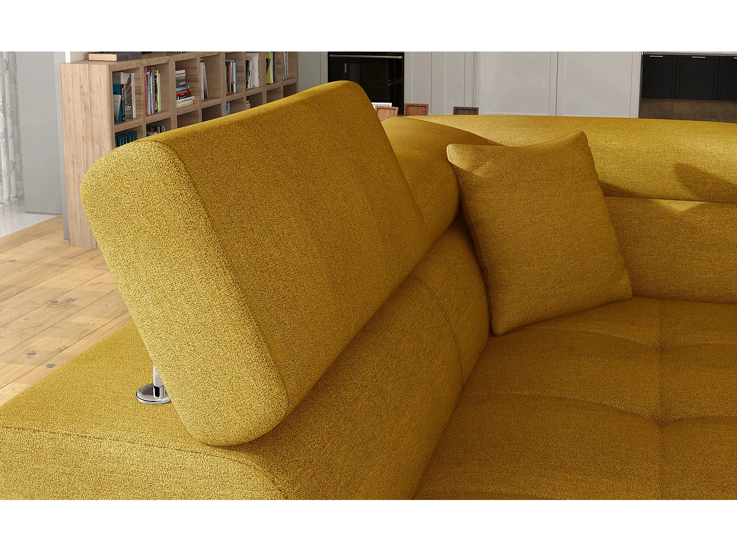 Canapé d'angle convertible velours MARKA - Coffre et appuis-tête réglables-Jaune moutarde-angle gauche