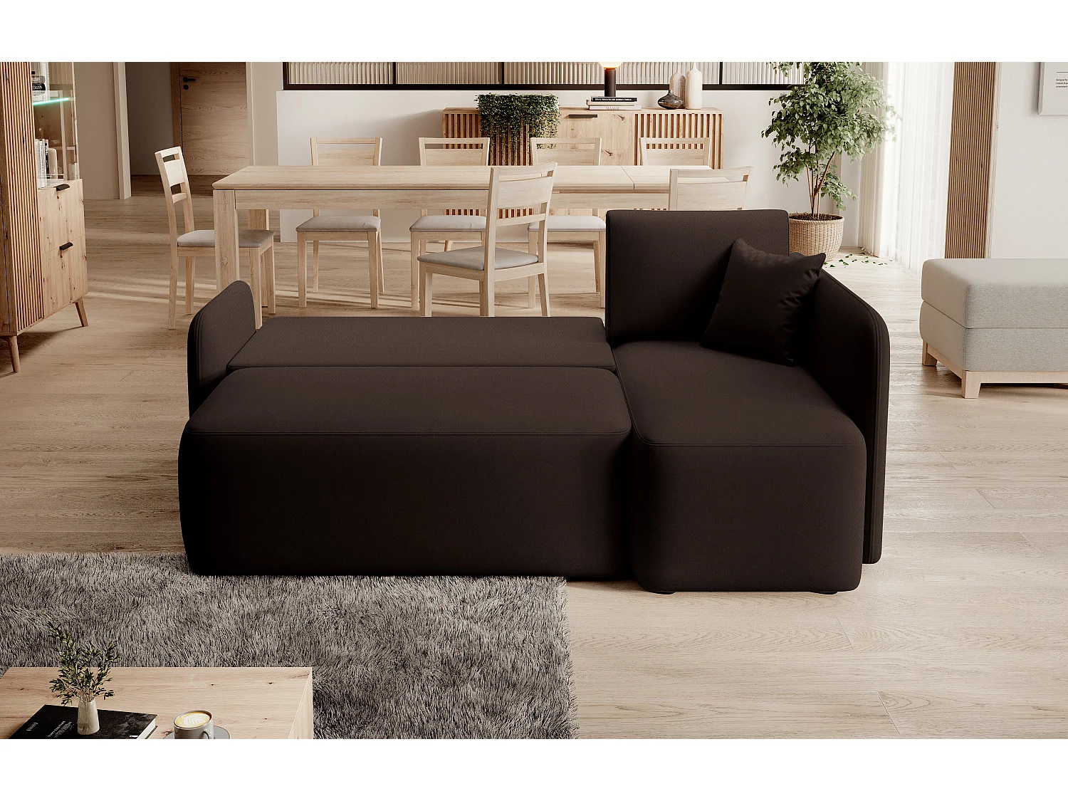 Kleine 3-zits converteerbare hoekbank in bruine Takin-stof 206 cm-Dagbed Naar rechts