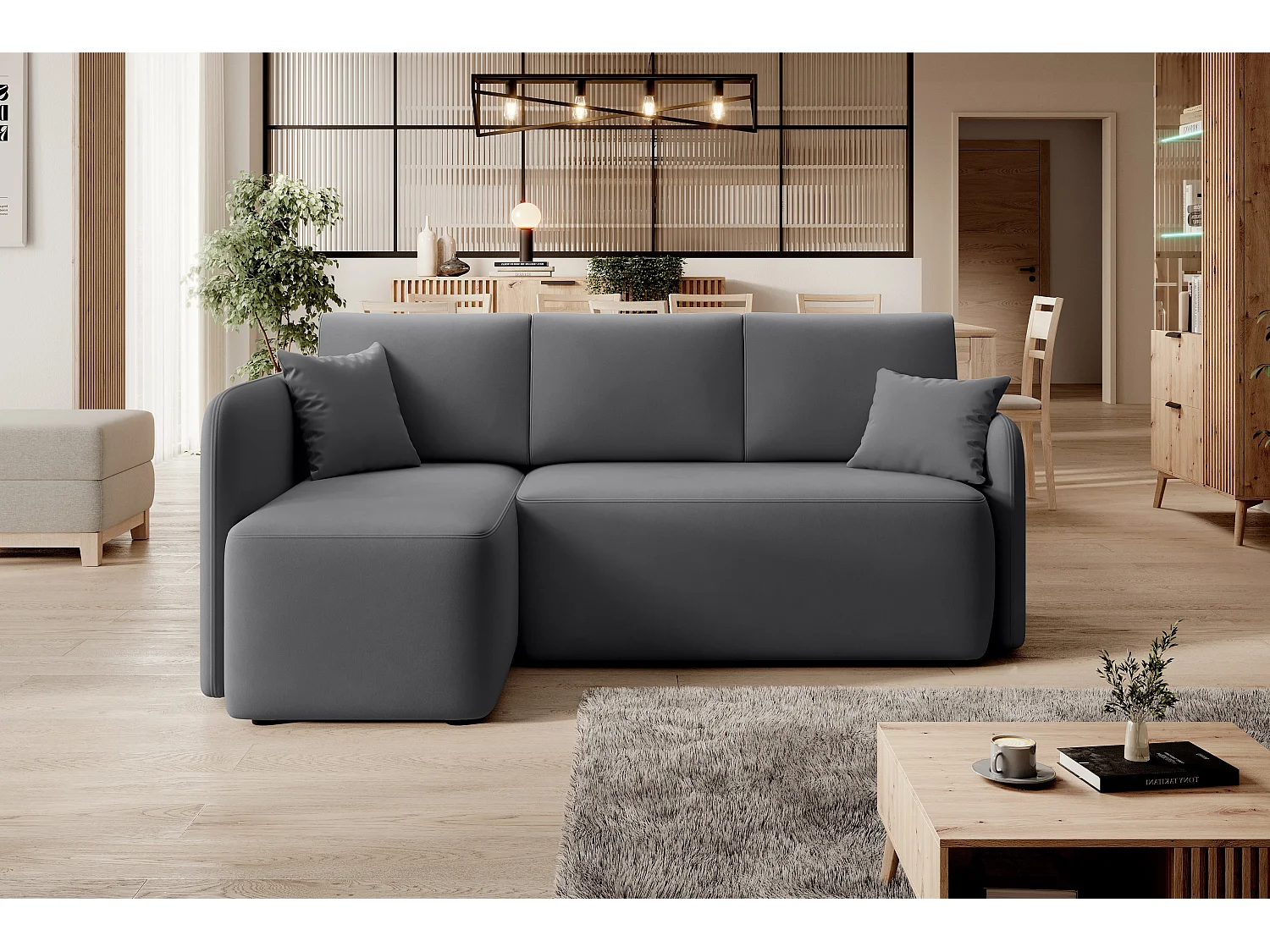 Petit canapé d'angle convertible 3 places tissu TAKIN 206cm-Gris foncé-angle gauche