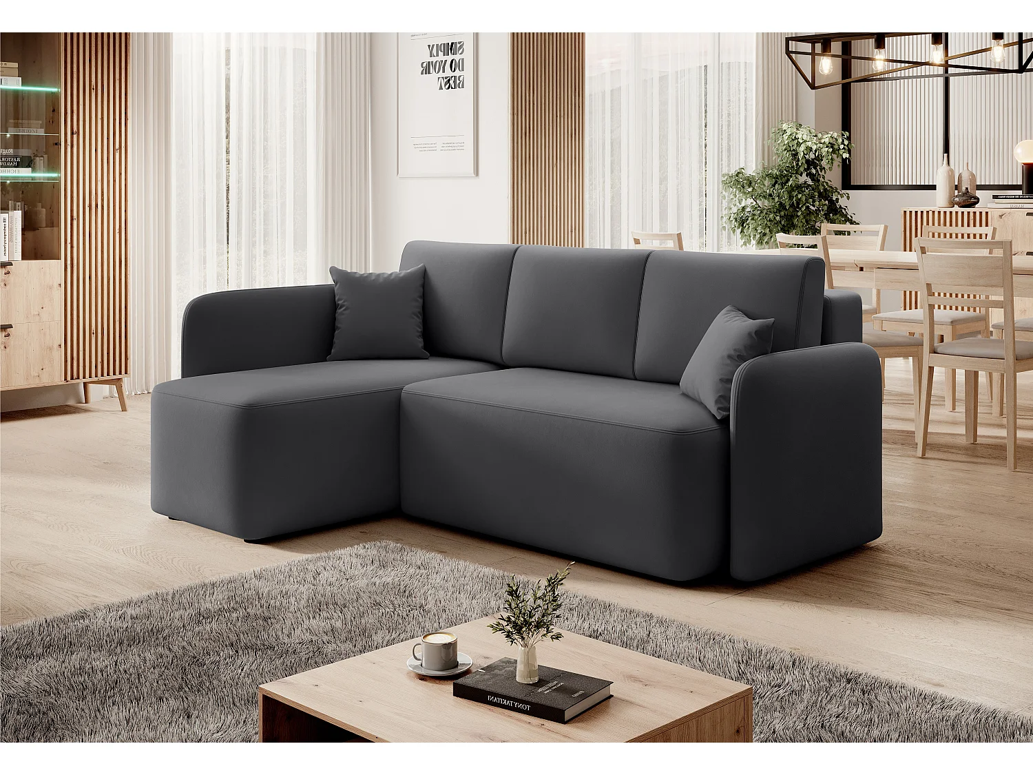 Petit canapé d'angle convertible 3 places tissu TAKIN 206cm-Gris foncé-angle gauche