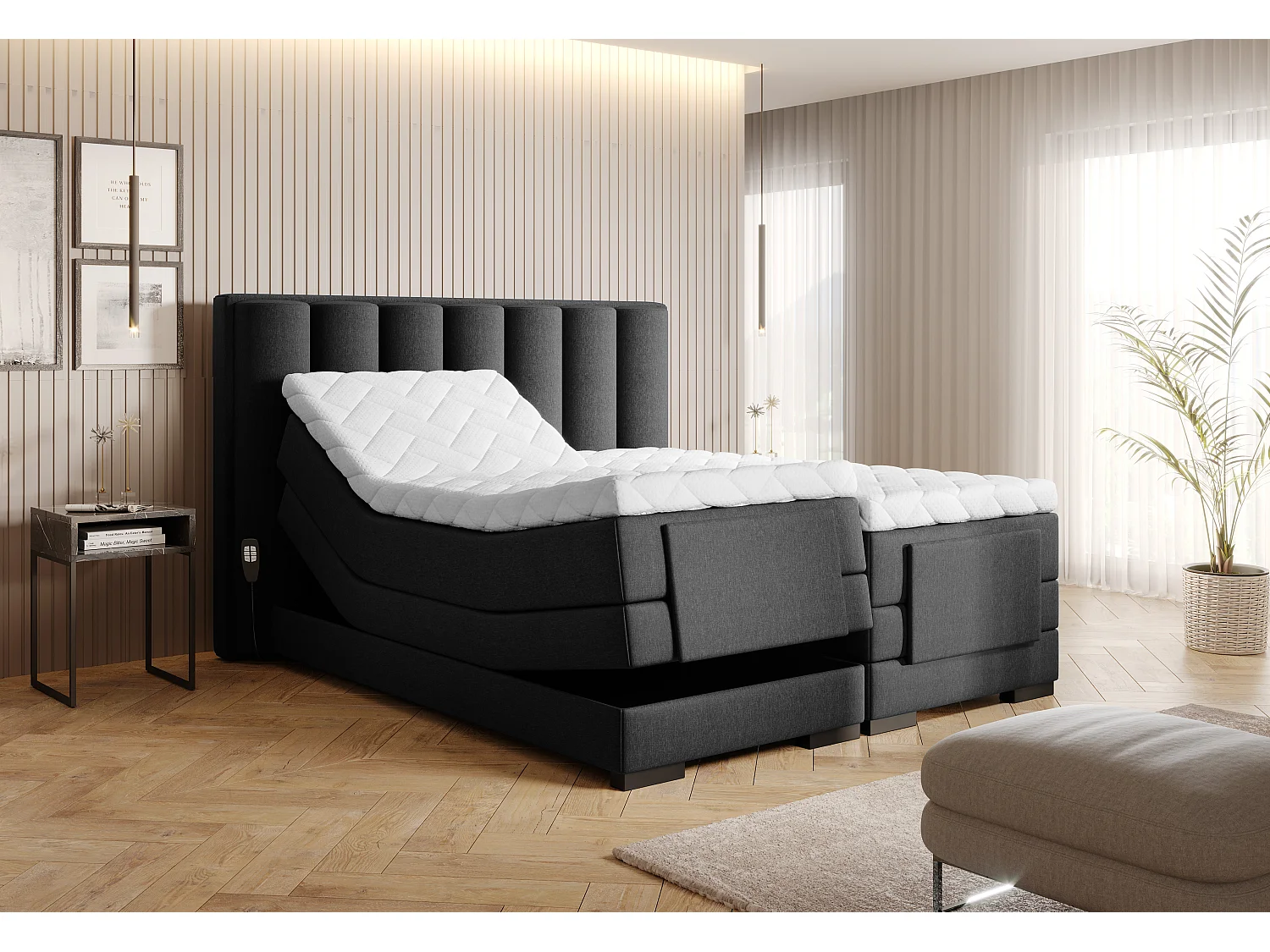 Lit boxspring électrique velours noir avec matelas et surmatelas Arkos-180x200
