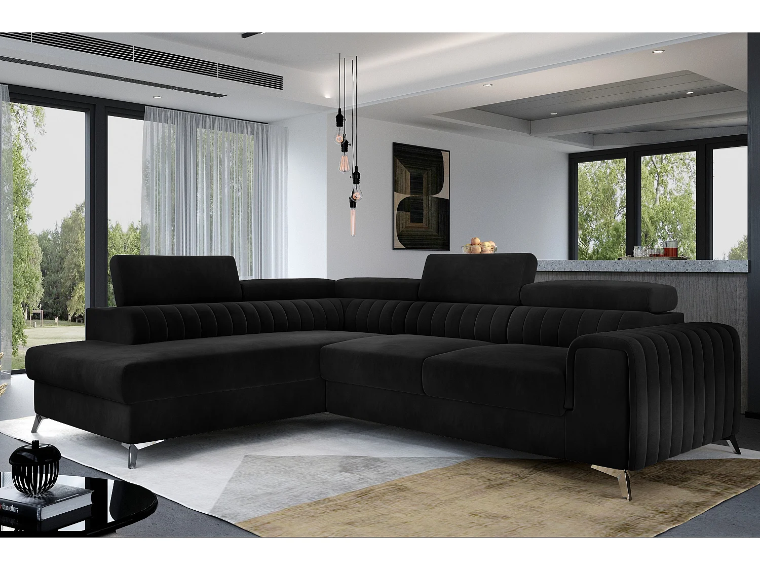 Canapé angle gauche convertible avec appuis-tête réglables velours noir Lozan 275cm