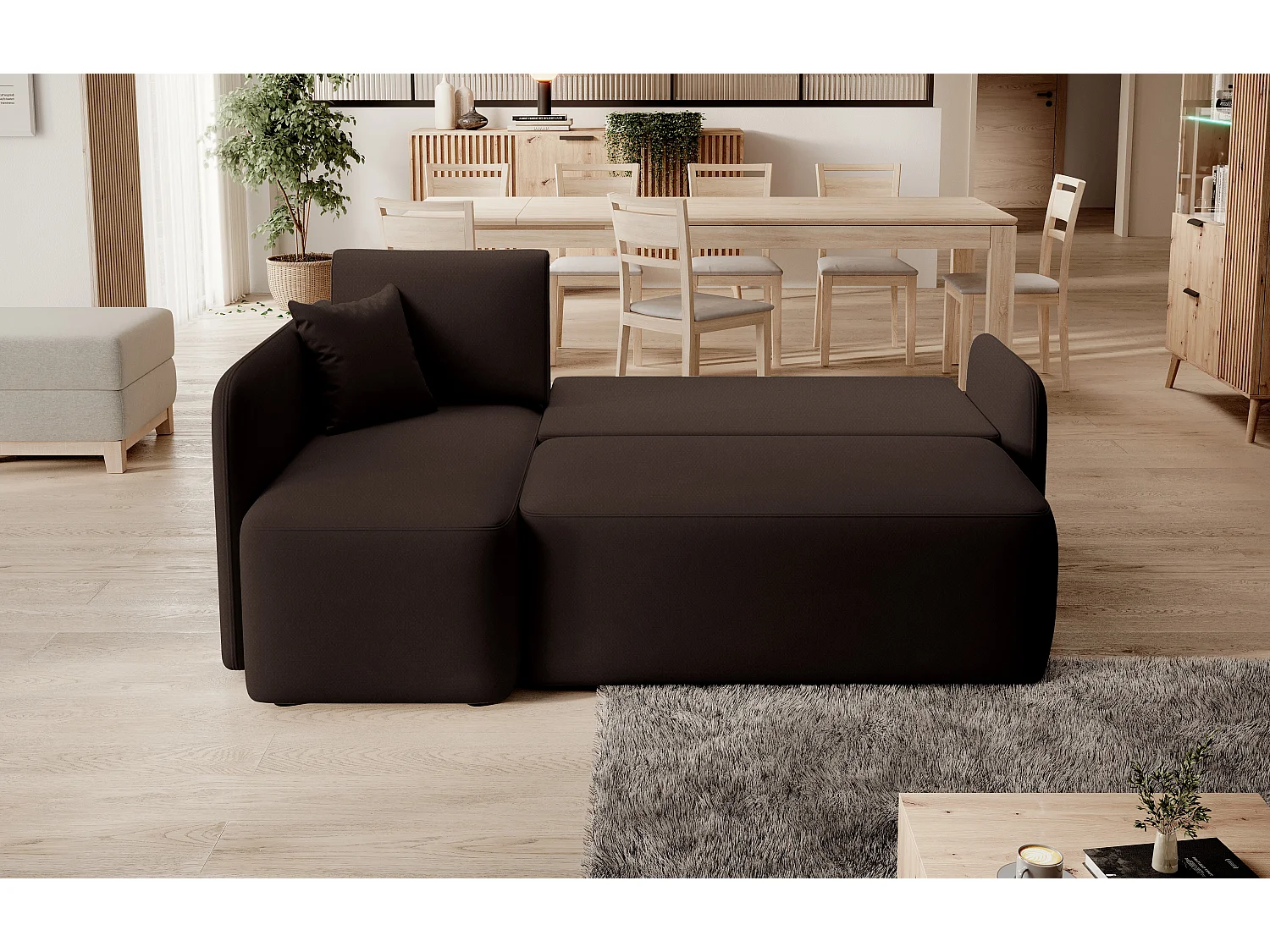 Petit canapé d'angle convertible 3 places tissu marron Takin 206cm-Méridienne A gauche