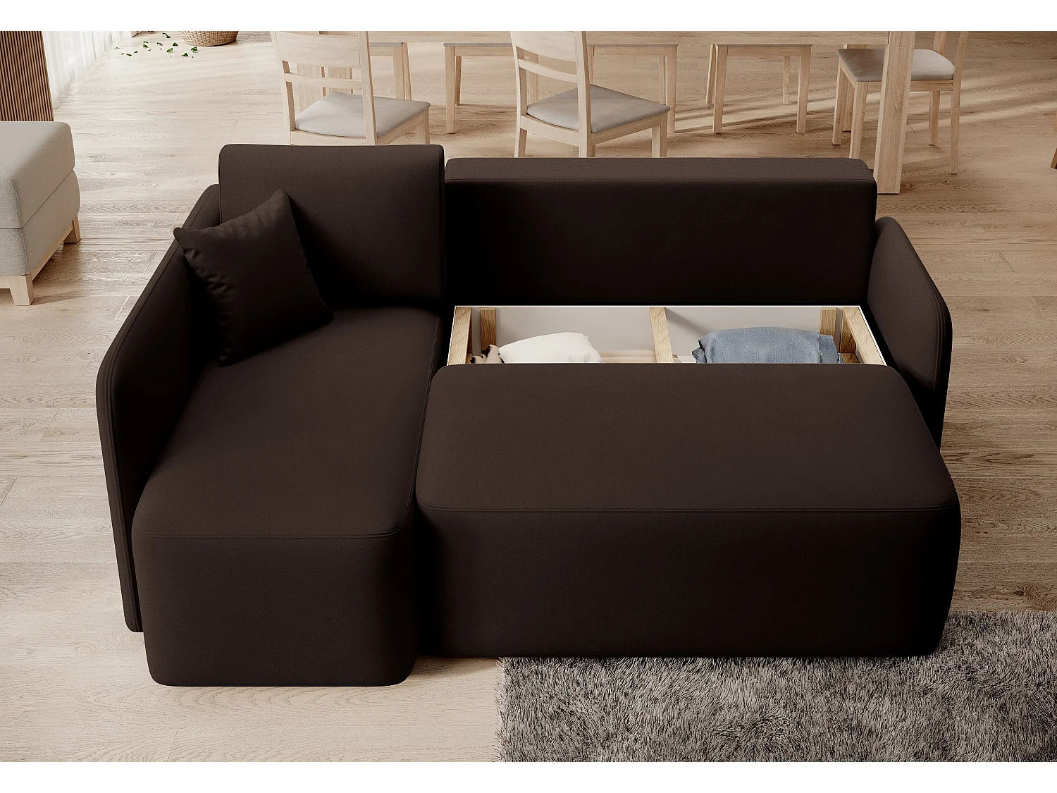 Petit canapé d'angle convertible 3 places tissu marron Takin 206cm-Méridienne A gauche