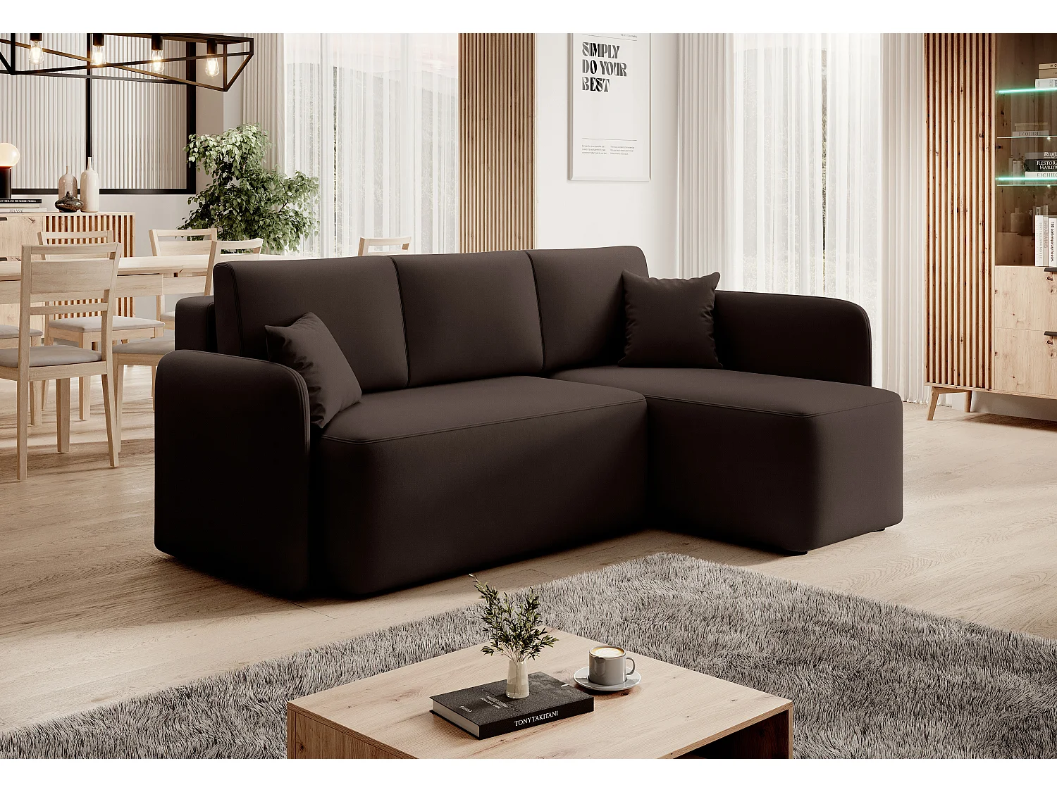 Petit canapé d'angle convertible 3 places tissu marron Takin 206cm-Méridienne A gauche