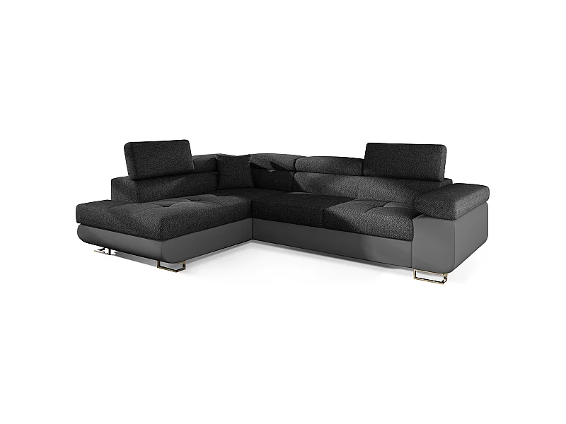 Canapé d'angle gauche convertible tissu gris foncé chiné et simili gris Marka 275cm