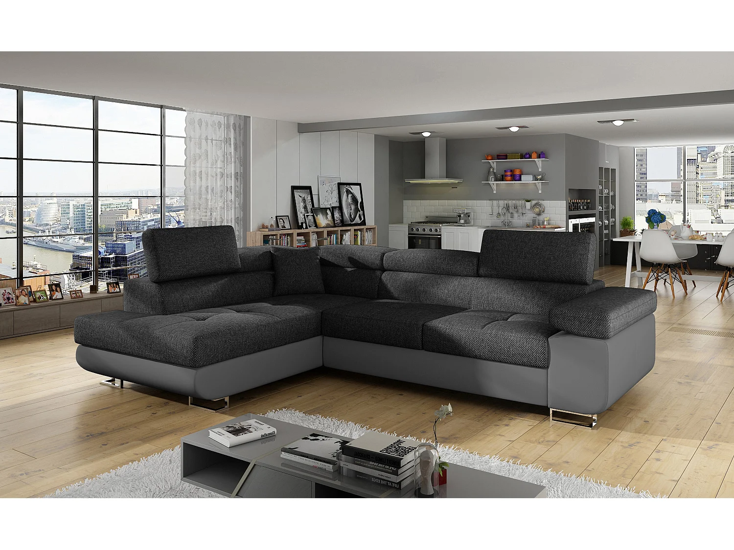 Canapé d'angle gauche convertible tissu gris foncé chiné et simili gris Marka 275cm