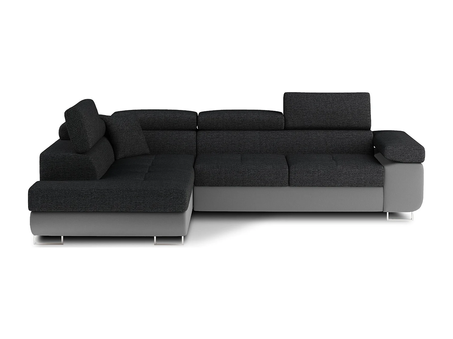 Canapé d'angle convertible simili cuir et tissu MARKA - Coffre et appuis-tête réglables-Gris/Gris foncé-angle gauche