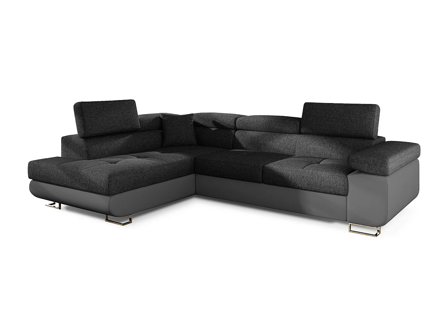 Canapé d'angle convertible simili cuir et tissu MARKA - Coffre et appuis-tête réglables-Gris/Gris foncé-angle gauche