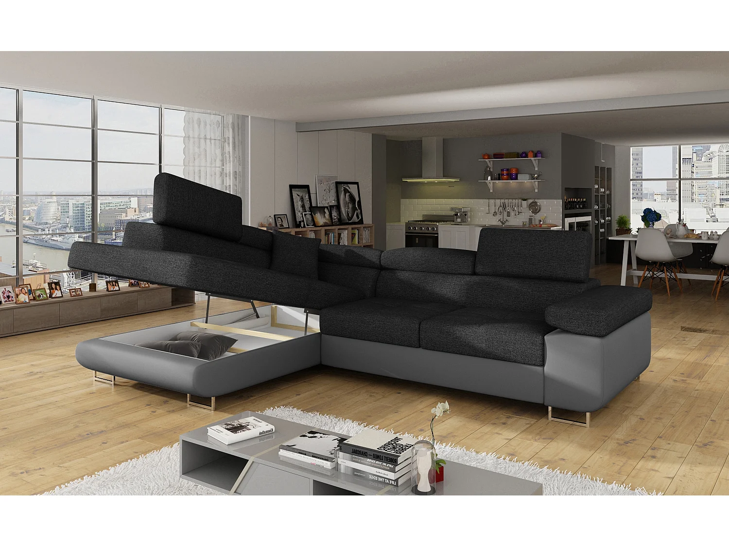 Canapé d'angle convertible simili cuir et tissu MARKA - Coffre et appuis-tête réglables-Gris/Gris foncé-angle gauche