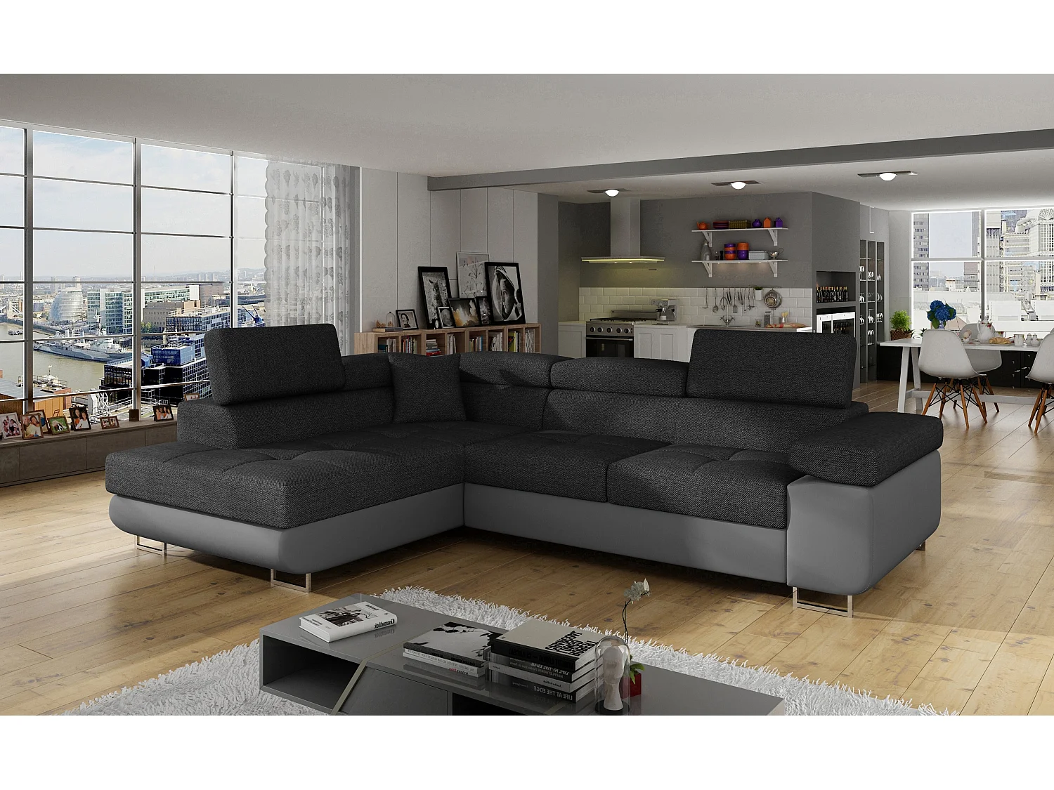 Canapé d'angle convertible simili cuir et tissu MARKA - Coffre et appuis-tête réglables-Gris/Gris foncé-angle gauche