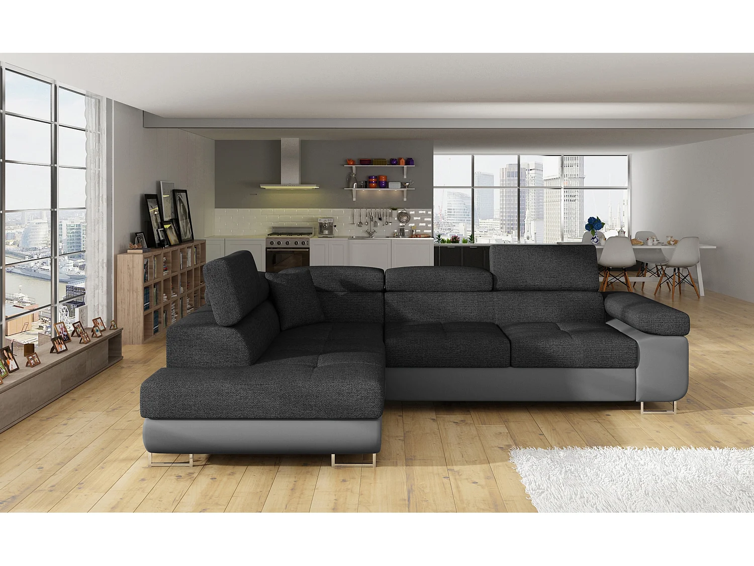 Canapé d'angle convertible simili cuir et tissu MARKA - Coffre et appuis-tête réglables-Gris/Gris foncé-angle gauche