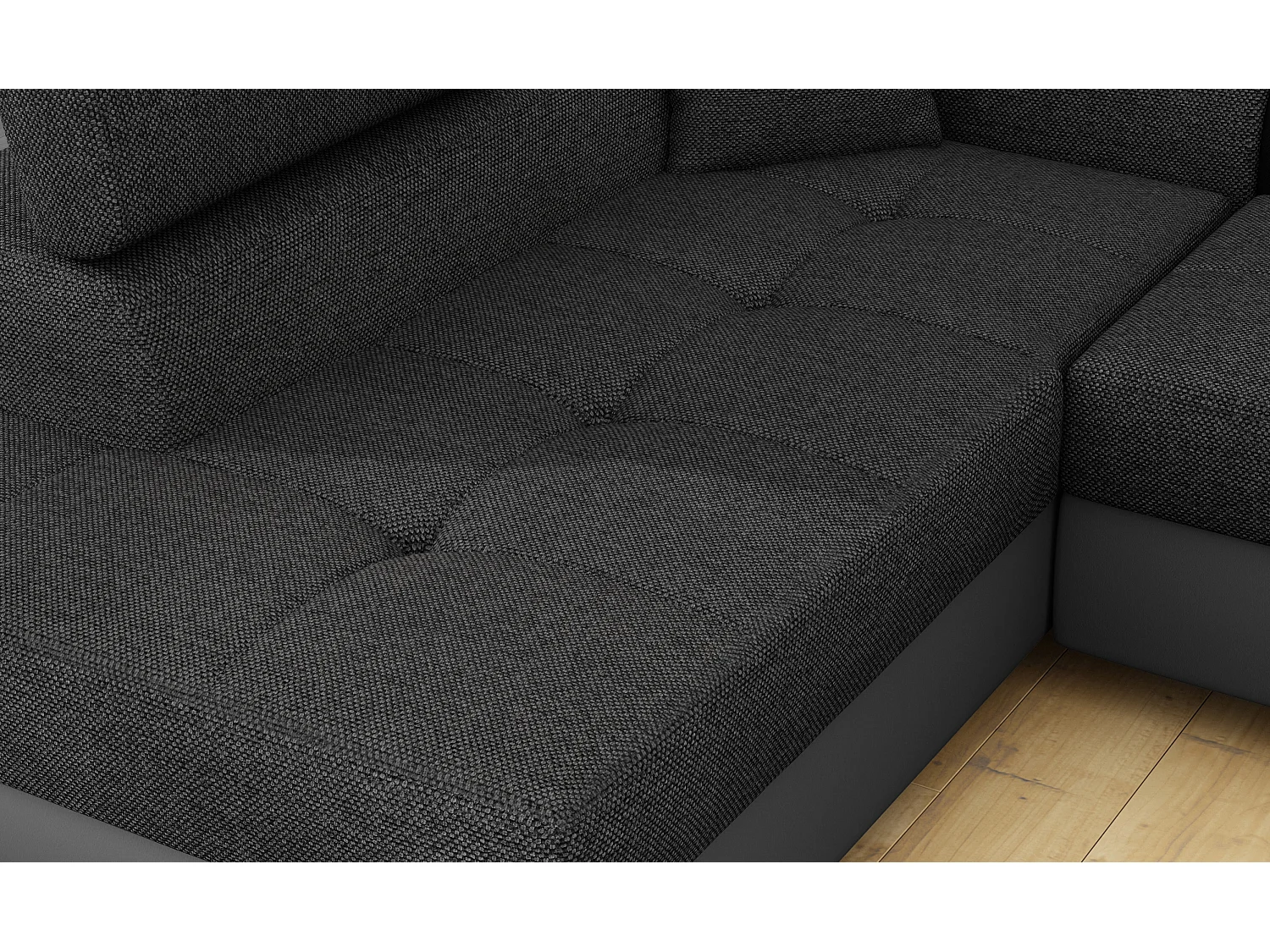 Canapé d'angle convertible simili cuir et tissu MARKA - Coffre et appuis-tête réglables-Gris/Gris foncé-angle gauche