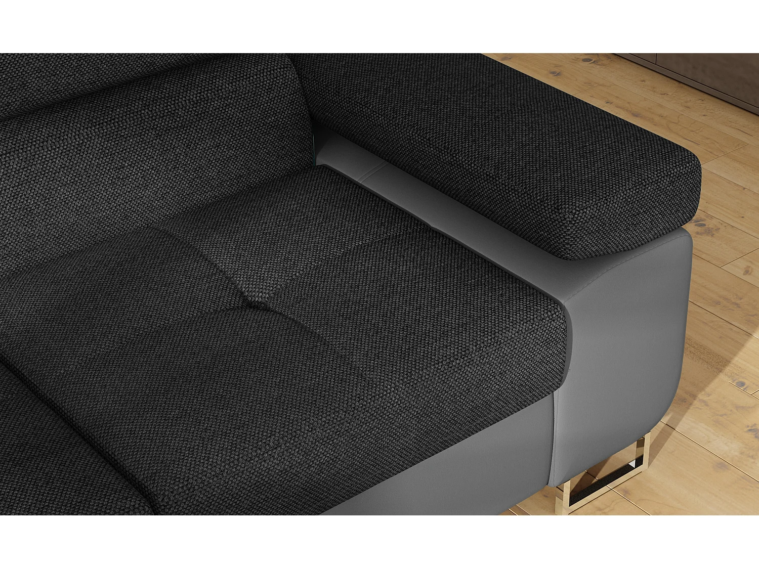 Canapé d'angle convertible simili cuir et tissu MARKA - Coffre et appuis-tête réglables-Gris/Gris foncé-angle gauche