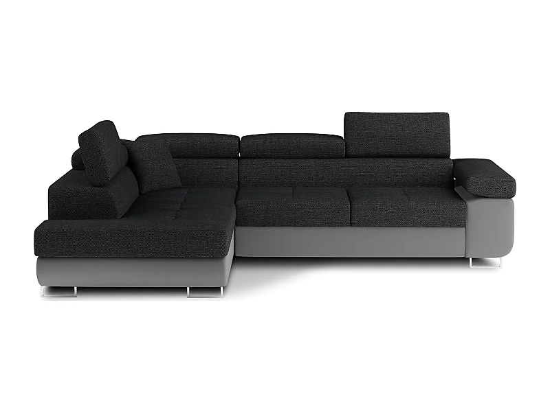 Canapé d'angle convertible simili cuir et tissu MARKA - Coffre et appuis-tête réglables-Gris/Gris foncé-angle gauche