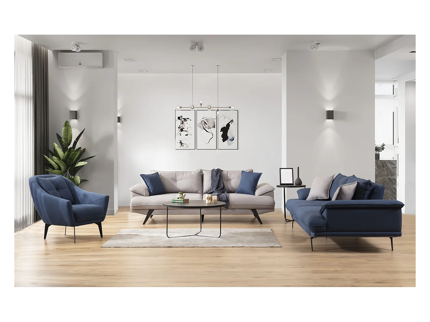 Lerin (Set 3+3+1)/Stoff-Blau&Grau