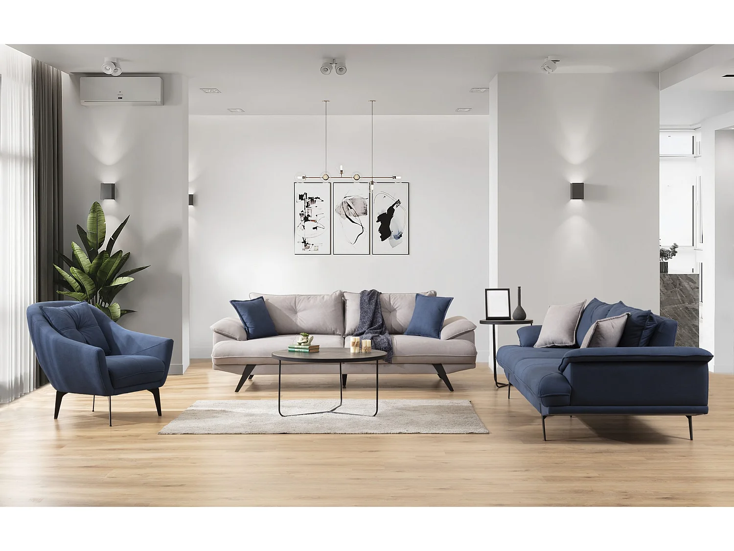 Lerin (Set 3+3+1)/Tissu-Bleu&Gris