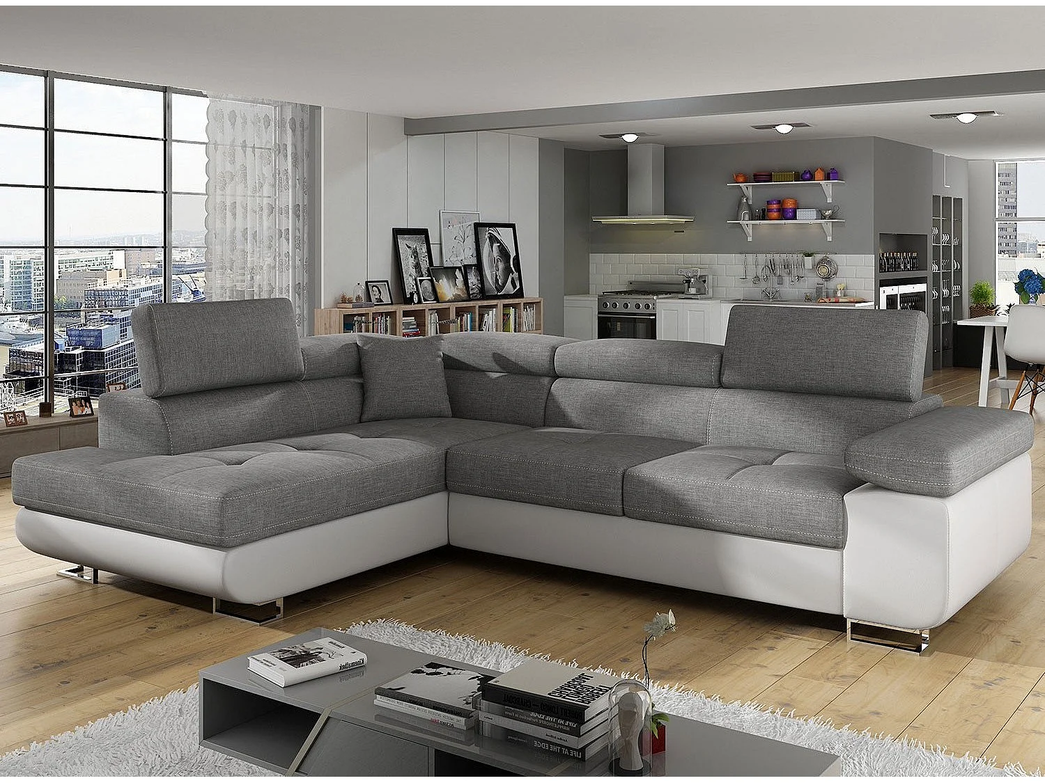 Canapé angle convertible simili cuir et tissu têtières relevables - Collection Marka-Couleur Blanc/Gris clair-angle gauche