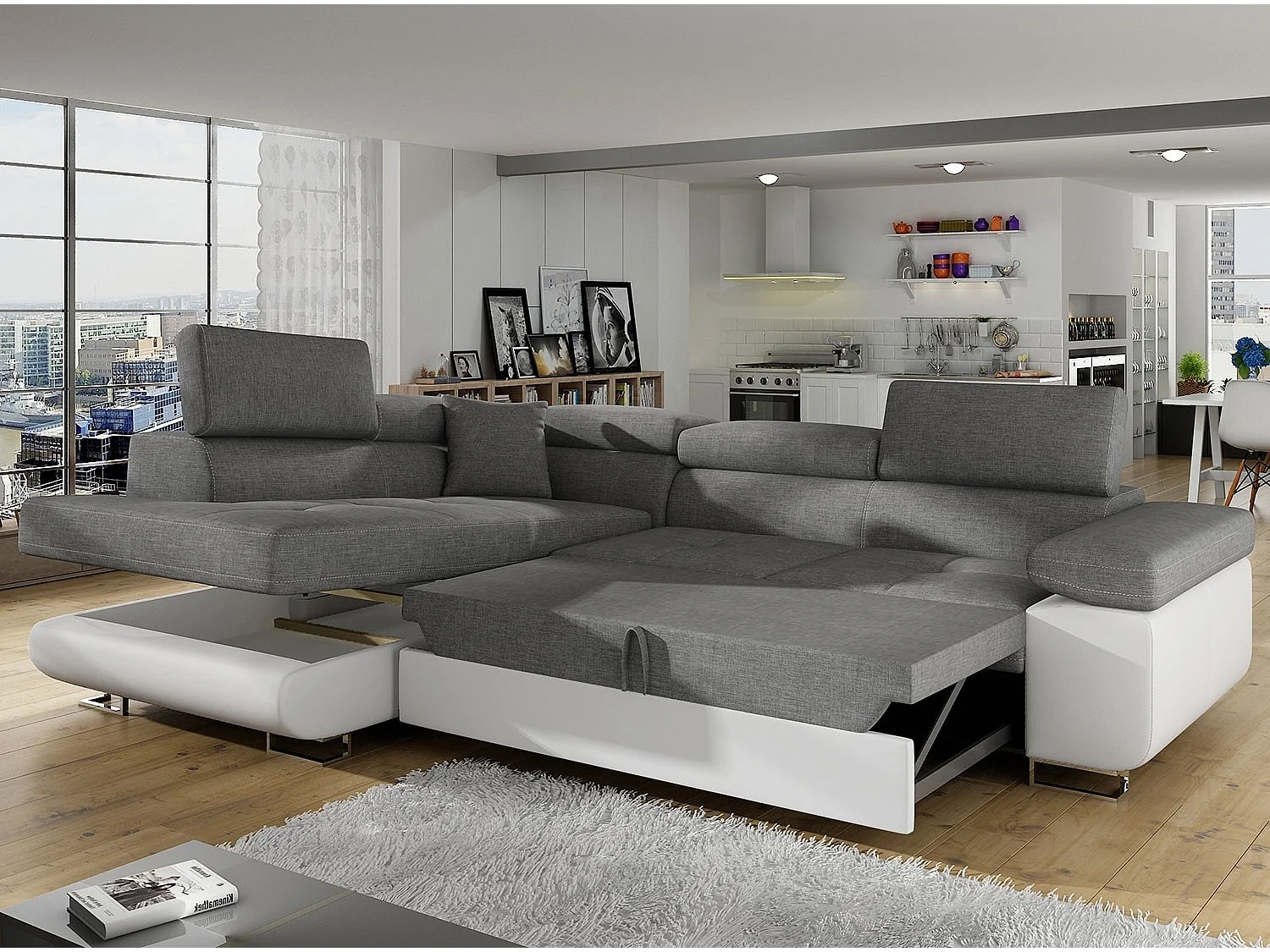 Canapé angle convertible simili cuir et tissu têtières relevables - Collection Marka-Couleur Blanc/Gris clair-angle gauche