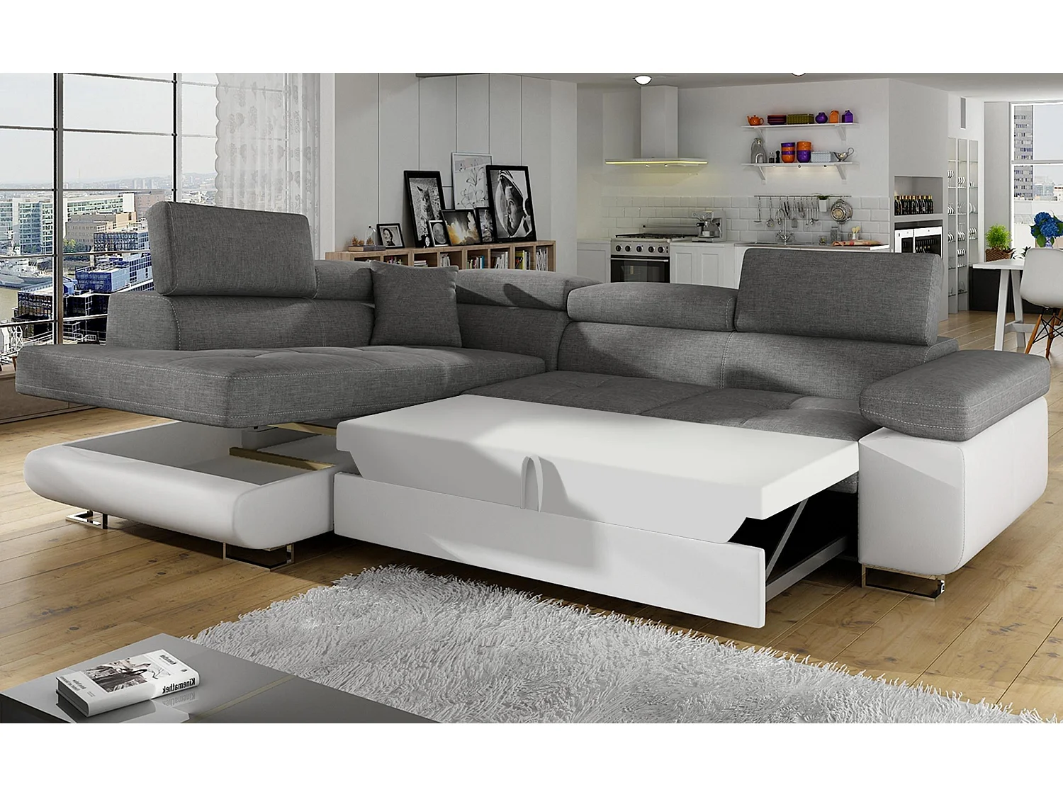 Canapé d'angle convertible simili cuir et tissu MARKA - Coffre et appuis-tête réglables-Blanc/Gris clair-angle gauche