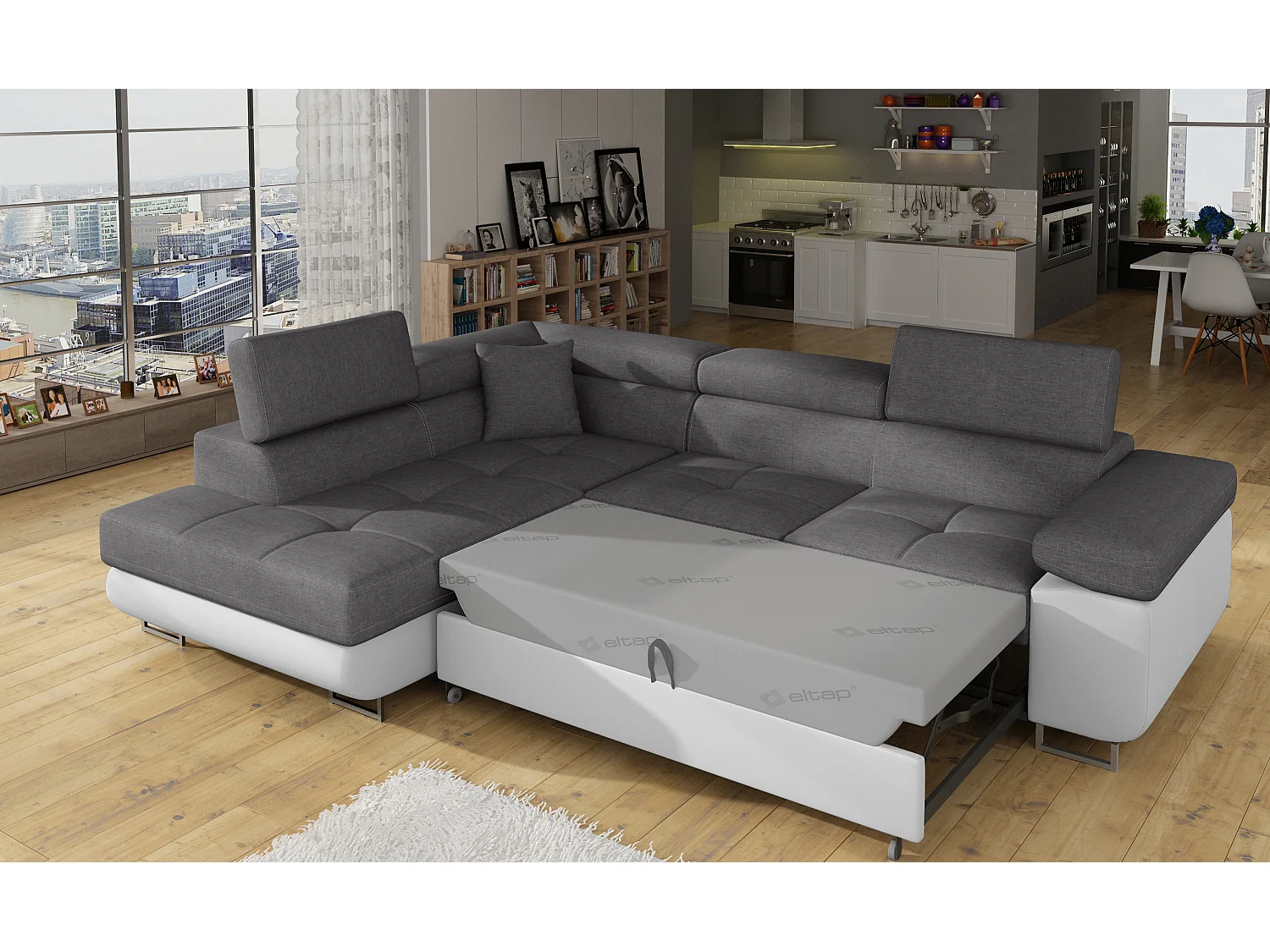 Canapé d'angle convertible simili cuir et tissu MARKA - Coffre et appuis-tête réglables-Blanc/Gris clair-angle gauche