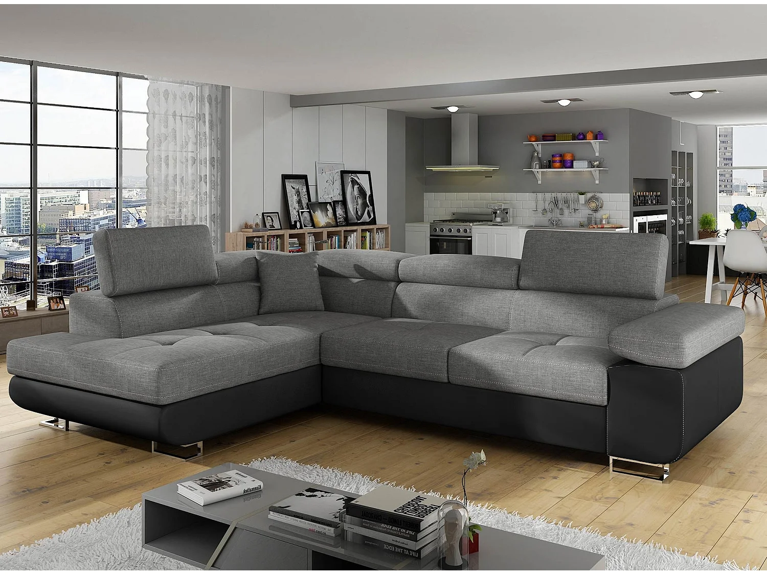 Sofá esquinero convertible en símil piel y tela reposacabezas elevables - Colección Marka-Negro/Gris oscuro-Ángulo izquierdo